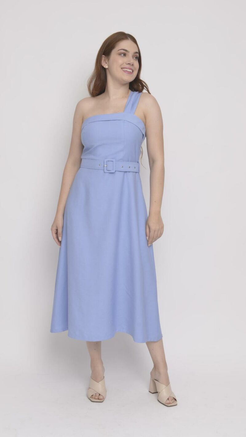 Imagem de Vestido Midi de Alfaiataria Azul com Alça Assimétrica e Corpete Estilo Princesa - Estilo Moderno e Glamouroso